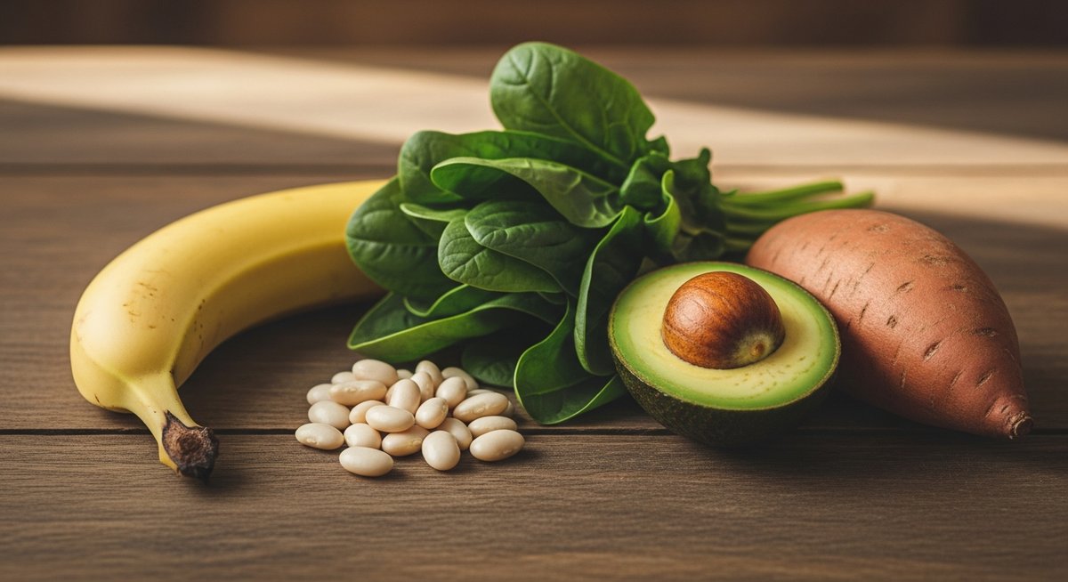 Assortiment d'aliments riches en potassium : bananes, épinards, haricots blancs, patates douces et avocat