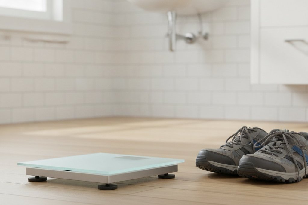 Pèse-personne posé sur un parquet clair à côté d'une paire de chaussures de marche