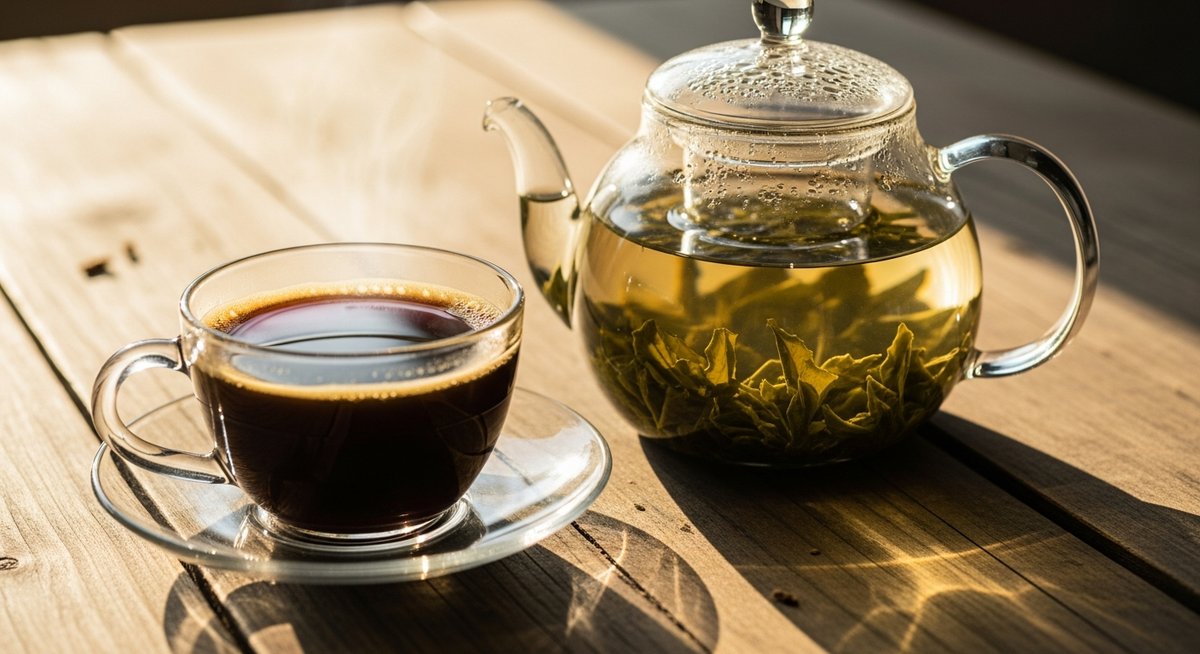 Tasse de café et théière sur une table de petit-déjeuner, avec pain et fruits