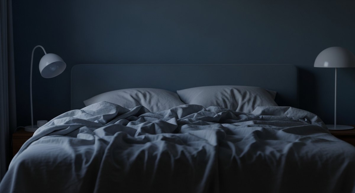 Chambre paisible la nuit, lumière bleutée sur des draps de lin