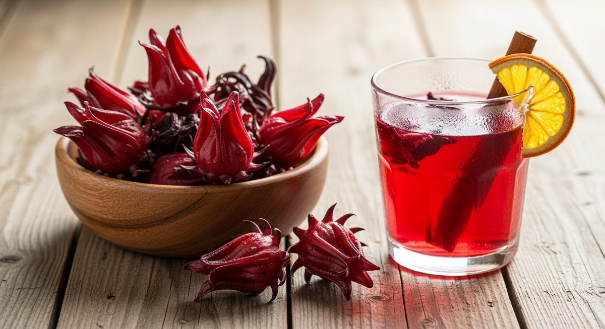 Calices d'hibiscus séchés dans un bol à côté d'un verre d'infusion rouge rubis