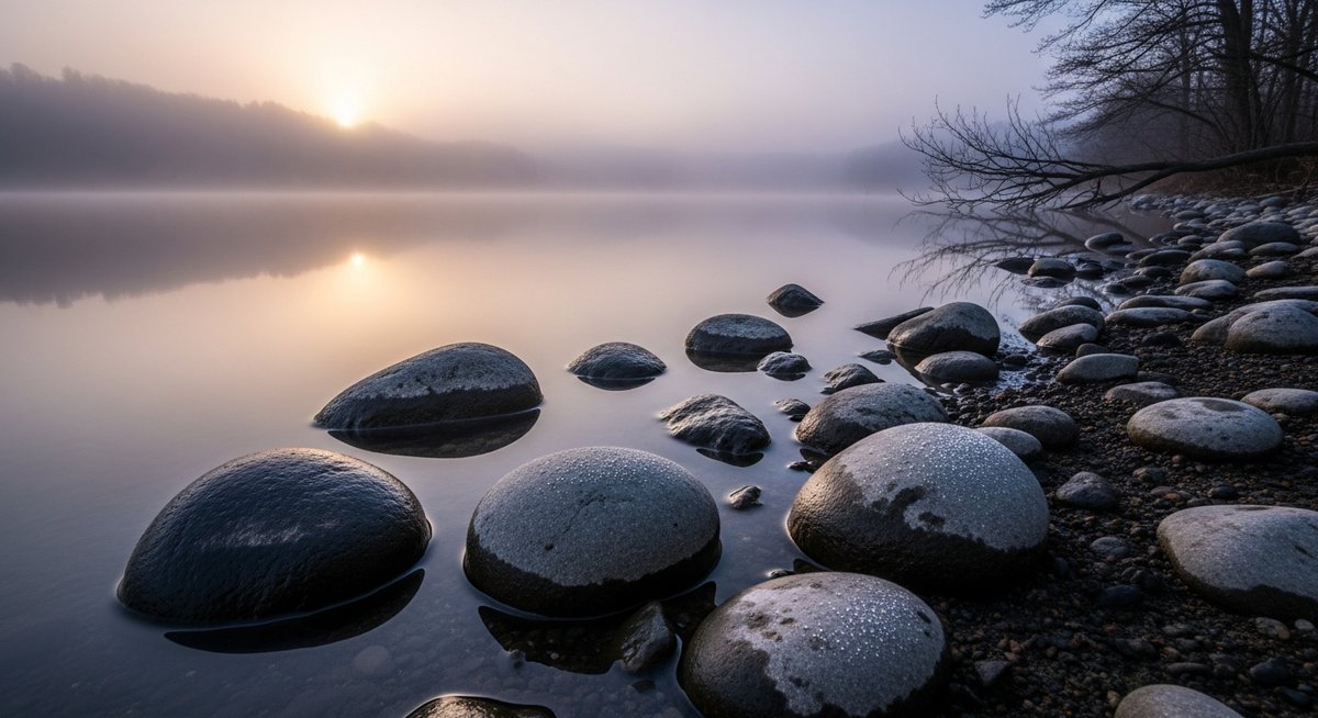 Lac calme sous une brume matinale, ciel clair annonçant une journée chaude