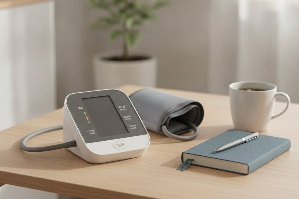 Tensiomètre électrique de bras posé sur une table à côté d'un carnet